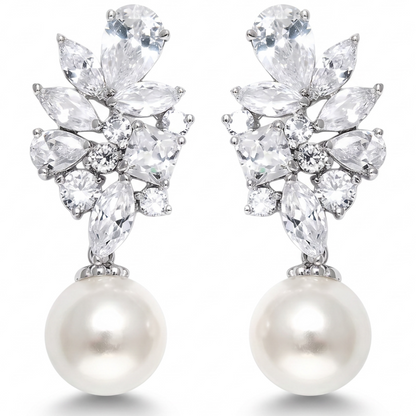 Silver Crystal Pearl Earrings for Women, Wedding Bridal Jewelry for Brides Bridesmaids, Hypoallergenic CZ Cubic Zirconia Rhinestone Diamond Studs Teardrop Dangle Drop Earrings, Formal Evening Party Gifts