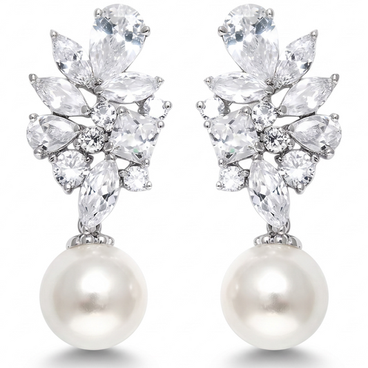 Silver Crystal Pearl Earrings for Women, Wedding Bridal Jewelry for Brides Bridesmaids, Hypoallergenic CZ Cubic Zirconia Rhinestone Diamond Studs Teardrop Dangle Drop Earrings, Formal Evening Party Gifts