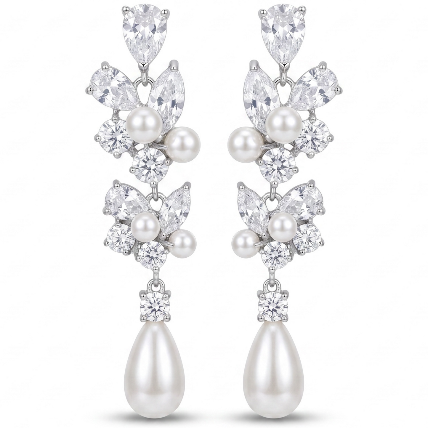 Silver Crystal Pearl Earrings for Women, Wedding Bridal Jewelry for Brides Bridesmaids, Hypoallergenic CZ Cubic Zirconia Rhinestone Diamond Studs Teardrop Dangle Drop Earrings, Formal Evening Party Gifts