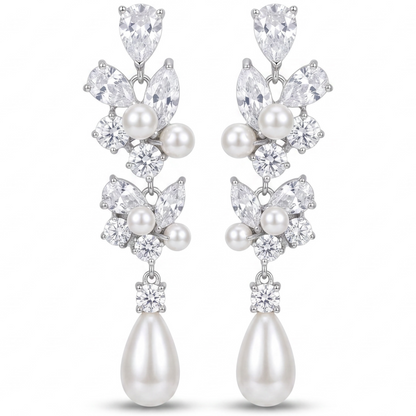 Silver Crystal Pearl Earrings for Women, Wedding Bridal Jewelry for Brides Bridesmaids, Hypoallergenic CZ Cubic Zirconia Rhinestone Diamond Studs Teardrop Dangle Drop Earrings, Formal Evening Party Gifts