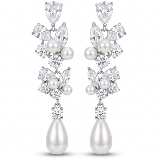Silver Crystal Pearl Earrings for Women, Wedding Bridal Jewelry for Brides Bridesmaids, Hypoallergenic CZ Cubic Zirconia Rhinestone Diamond Studs Teardrop Dangle Drop Earrings, Formal Evening Party Gifts