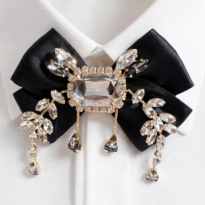 Large Crystal Brooch Black Ribbon Bow Tie Rhinestones Luxury High Fashion Pin Jewelry Decorative Embellishment Accessory With Stones