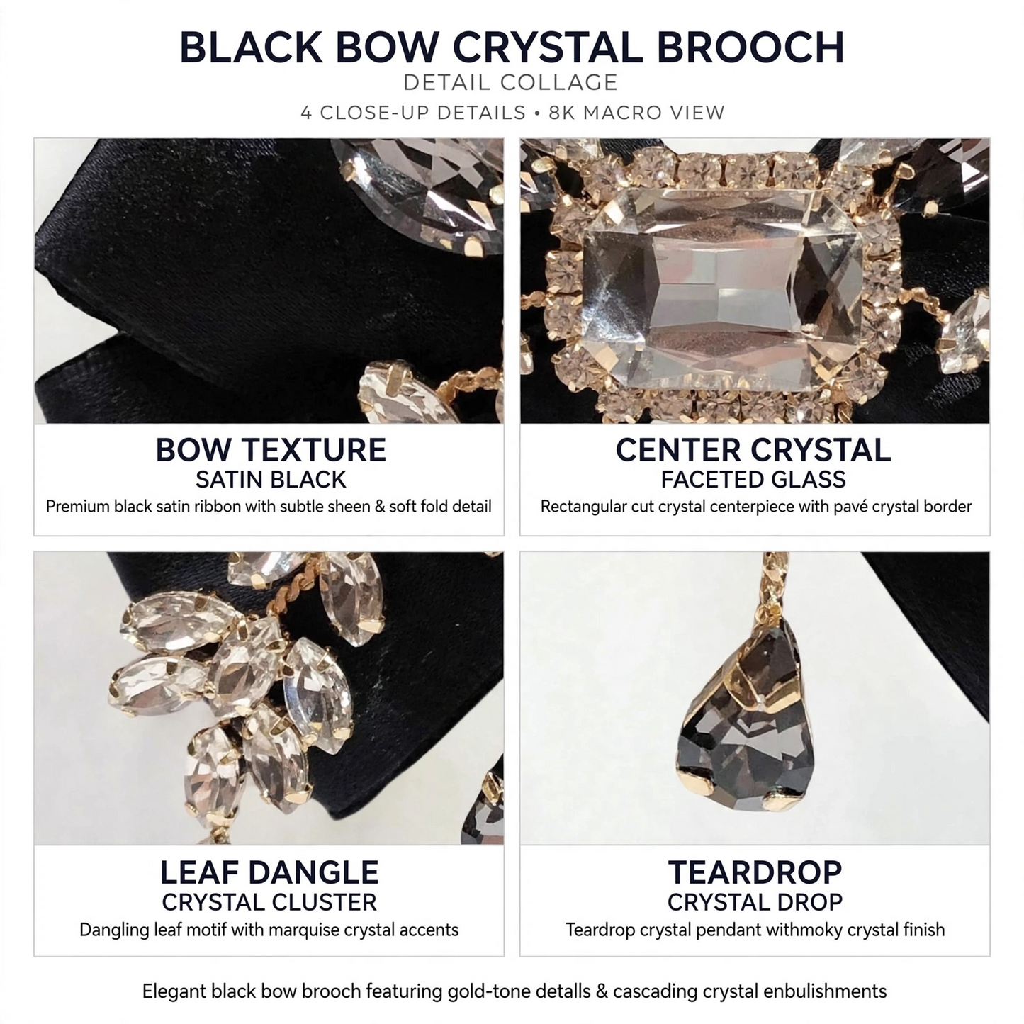 Large Crystal Brooch Black Ribbon Bow Tie Rhinestones Luxury High Fashion Pin Jewelry Decorative Embellishment Accessory With Stones