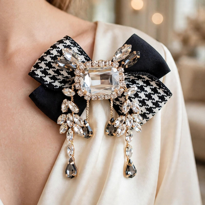 Large Crystal Brooch Black Ribbon Bow Tie Rhinestones Luxury High Fashion Pin Jewelry Decorative Embellishment Accessory With Stones