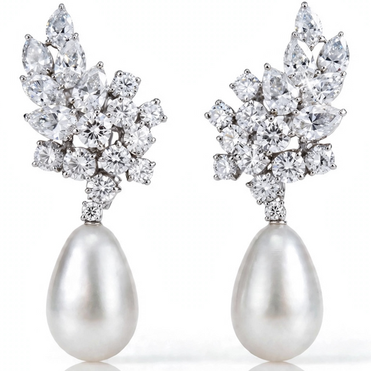 Silver Crystal Pearl Earrings for Women, Wedding Bridal Jewelry for Brides Bridesmaids, Hypoallergenic CZ Cubic Zirconia Rhinestone Diamond Studs Teardrop Dangle Drop Earrings, Formal Evening Party Gifts
