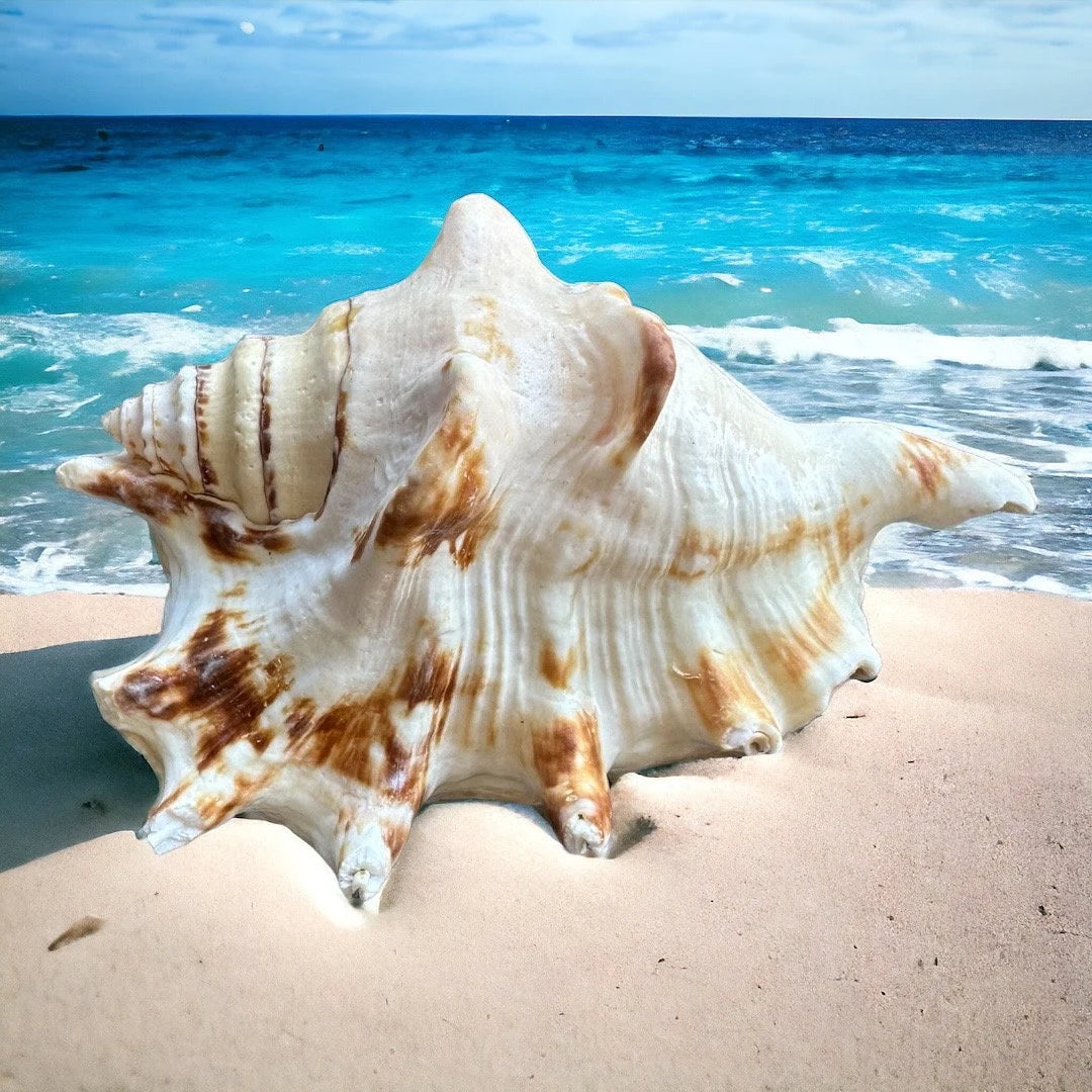 Large Conch Seashell Spiky Natural Rare White Brown Pattern Big Centerpiece Sea Shell Beach Home Decor Art Craft Nautical Ocean Decoration