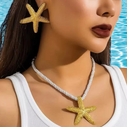 Set Of 2 - Gold Sea Star Necklace & Earrings Set Handmade Coastal Ocean Fashion Accessories Elegant Swimwear Women Accessory Beach Lovers Gift